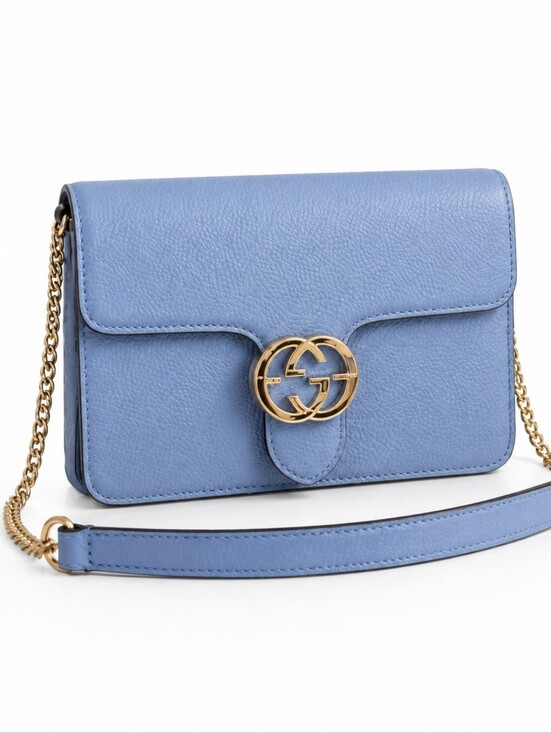 Gucci Handbags - Authentic Gucci Interlocking GG Blue Pebbled Leather Crossbody Bag Gold Chain